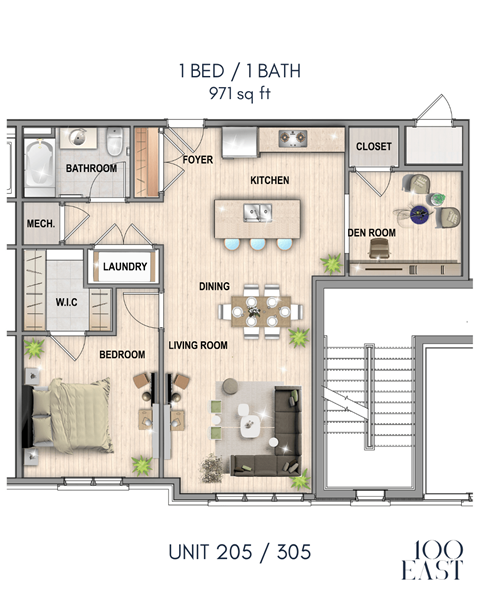 A floor plan of a 1 bedroom, 1 bathroom apartment sized at 971 sq ft.